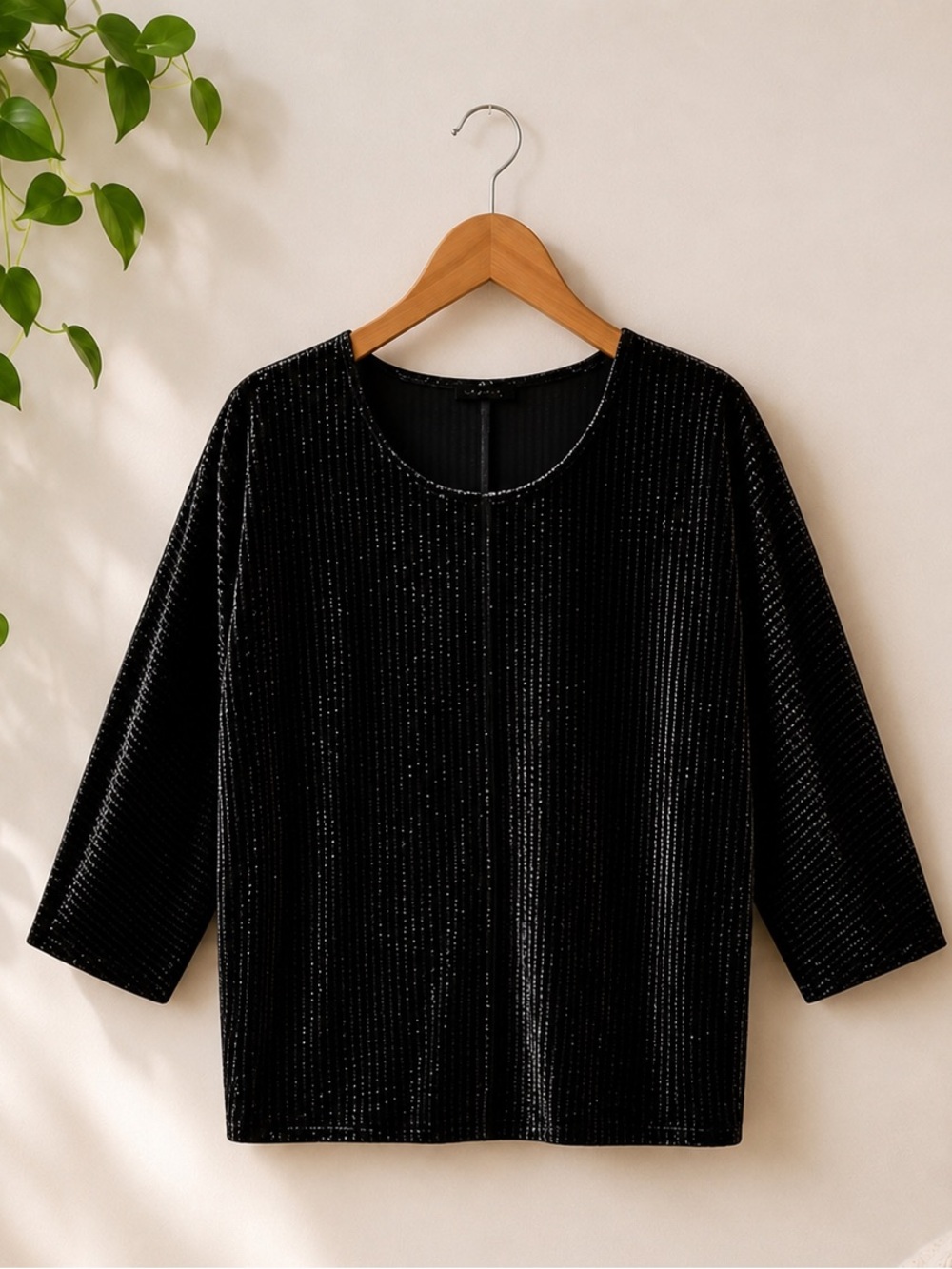 J.Jill Wearever Black Crushed Velvet Top | 3/4 Sleeve